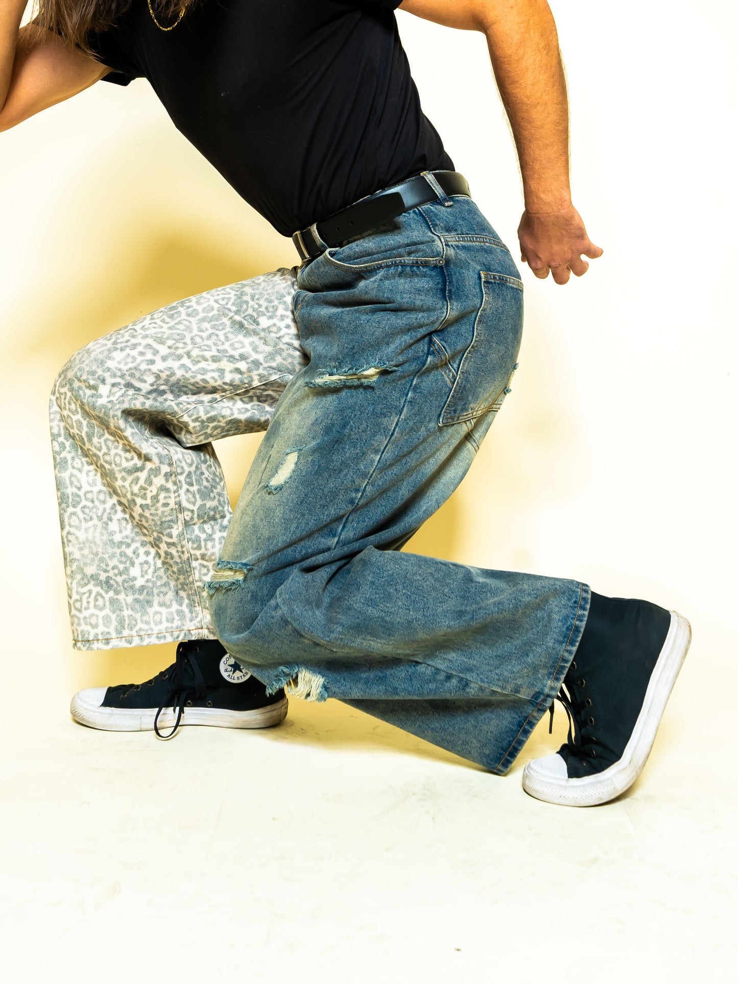 Distressed Leopard/Denim Wide-leg Jeans