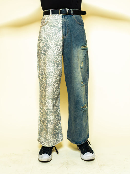 Distressed Leopard/Denim Wide-leg Jeans